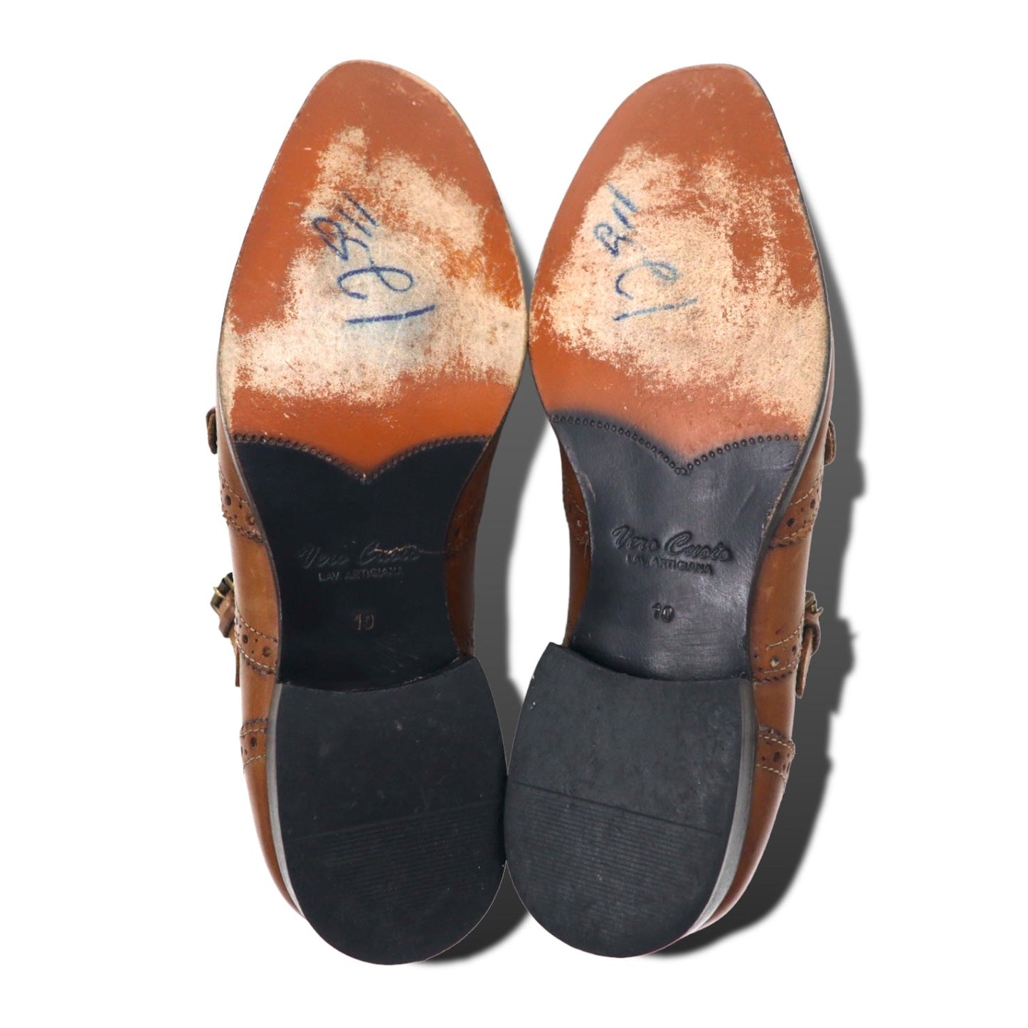 GIORGIO BRUTINI Double Monk Strap Wingtip Dress Shoes, Size 28cm, Brown Leather with Medallion Detail, 248764-1