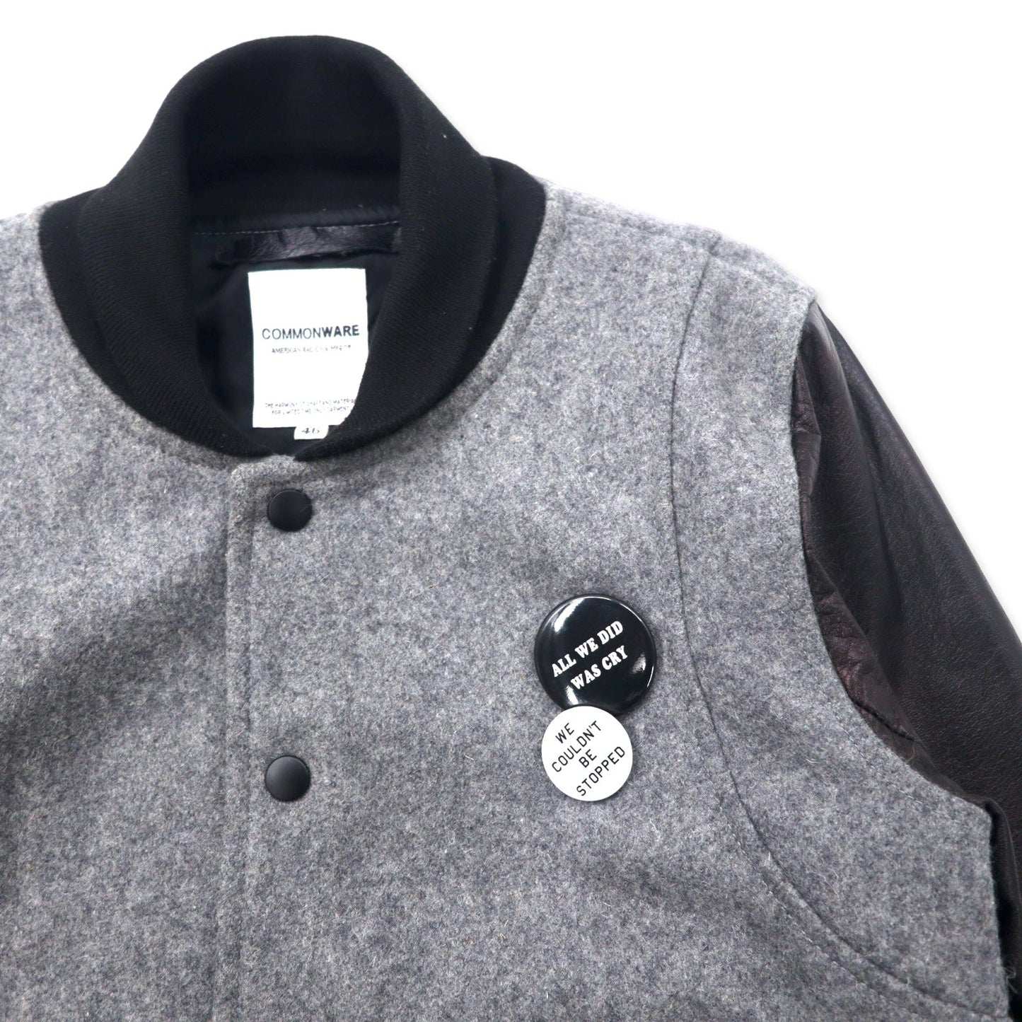 COMMONWARE AMERICAN RAG CIE & MAGINE Sheepskin Sleeve Stadium Jacket, Size 46, Gray, Wool and Sheepskin, 1344-604MAG