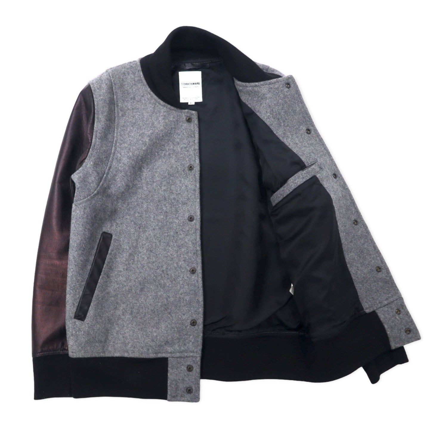 COMMONWARE AMERICAN RAG CIE & MAGINE Sheepskin Sleeve Stadium Jacket, Size 46, Gray, Wool and Sheepskin, 1344-604MAG