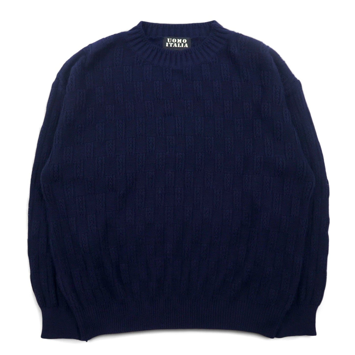 Vintage 90s Jacquard Knit UOMO ITALIA Acrylic Knit Block Check Jacquard Sweater, Size M, Navy