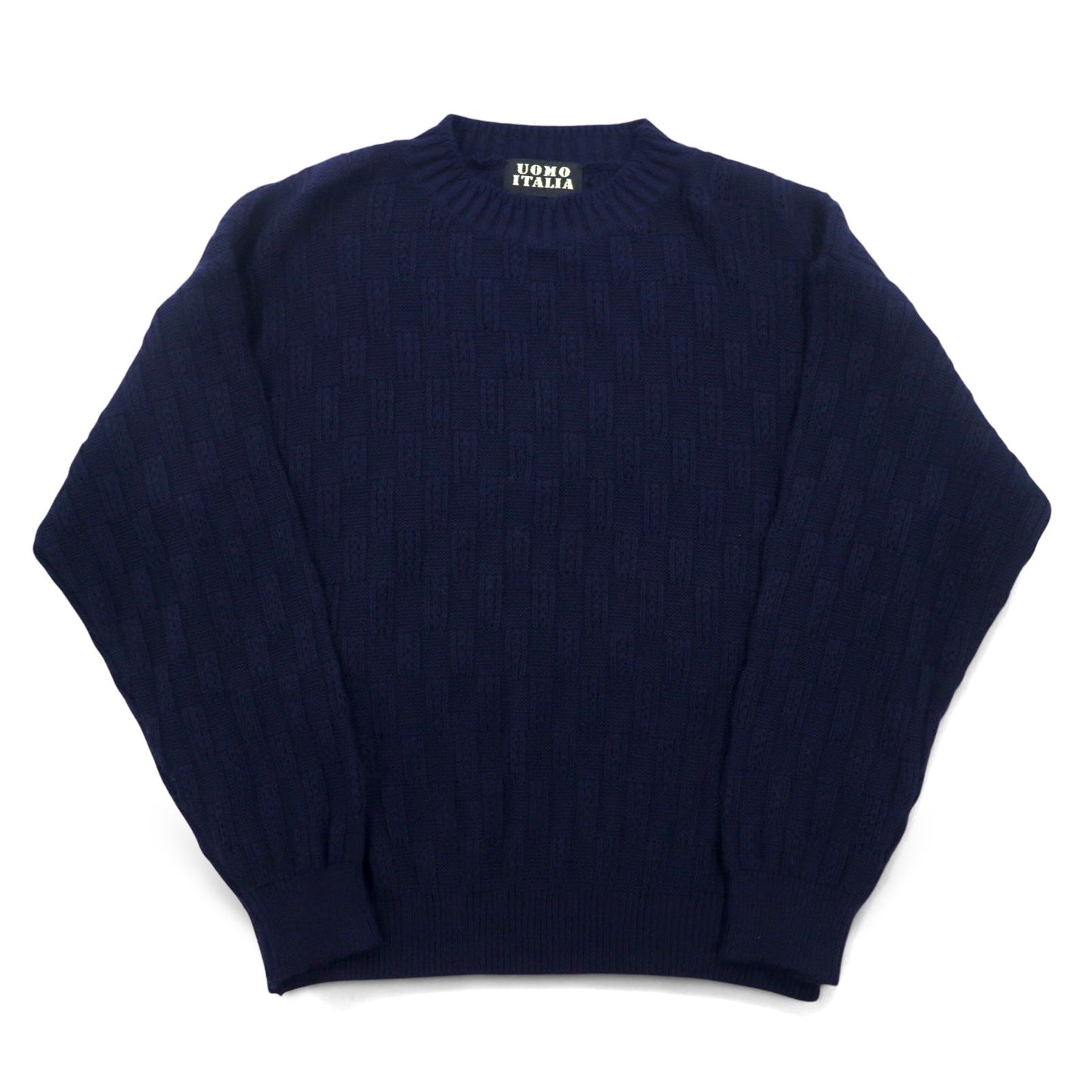 Vintage 90s Jacquard Knit UOMO ITALIA Acrylic Knit Block Check Jacquard Sweater, Size M, Navy