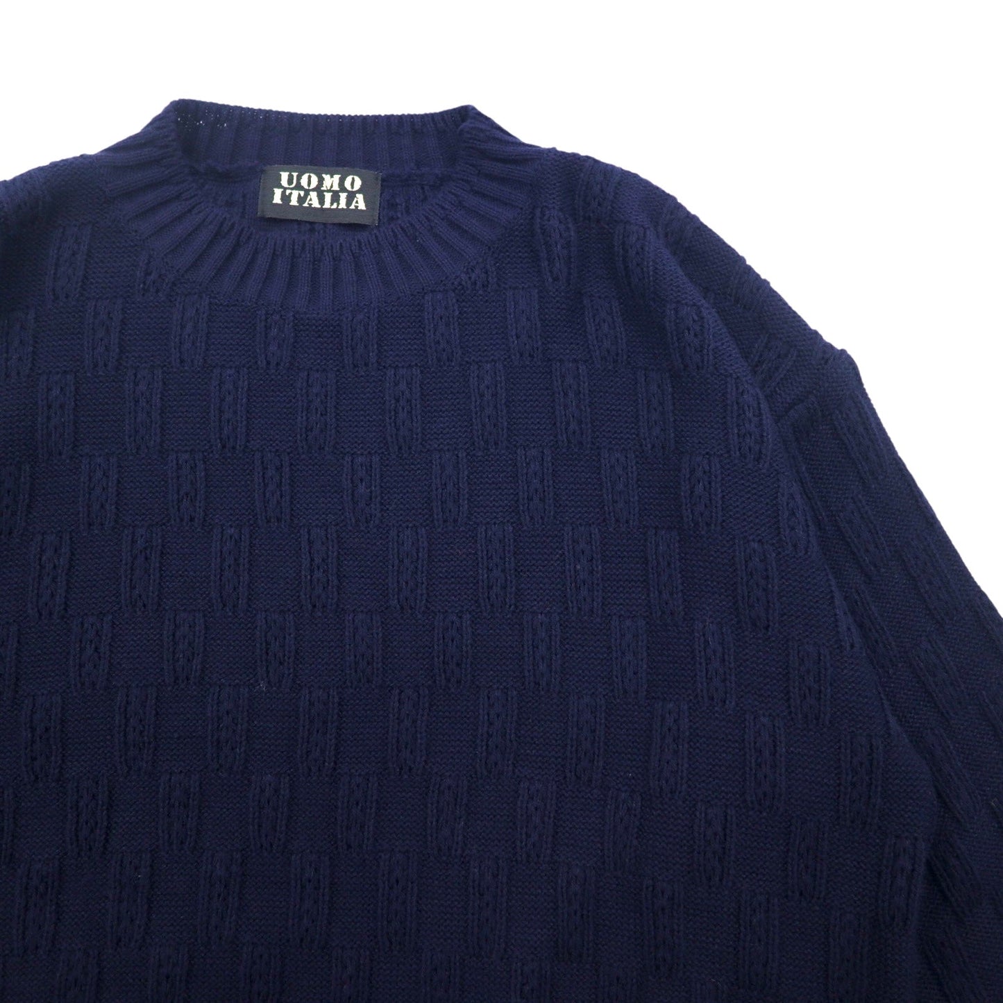 Vintage 90s Jacquard Knit UOMO ITALIA Acrylic Knit Block Check Jacquard Sweater, Size M, Navy