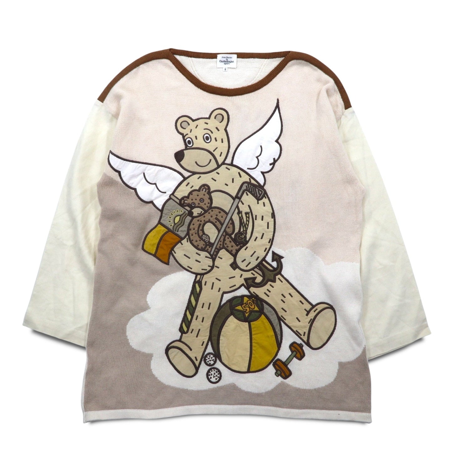 Castelbajac sport 90s knit sweater with contrasting stripes, size M, beige, linen, character print, made in Japan