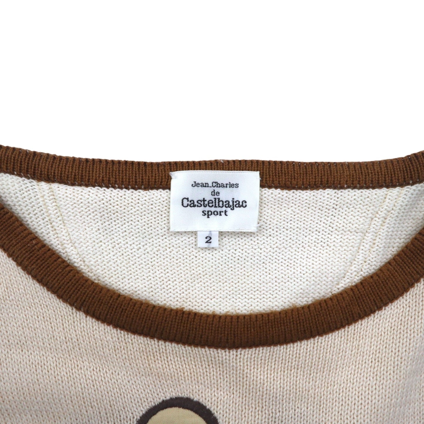 Castelbajac sport 90s knit sweater with contrasting stripes, size M, beige, linen, character print, made in Japan