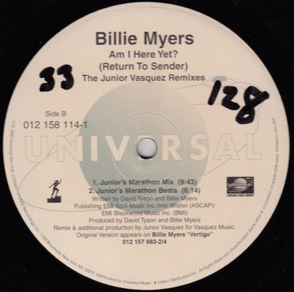 Billie Myers - Am I Here Yet? (Return To Sender) The Junior Vasquez Remixes (Vinyl, 12") Very Good Plus (VG+) / Very Good Plus (VG+)