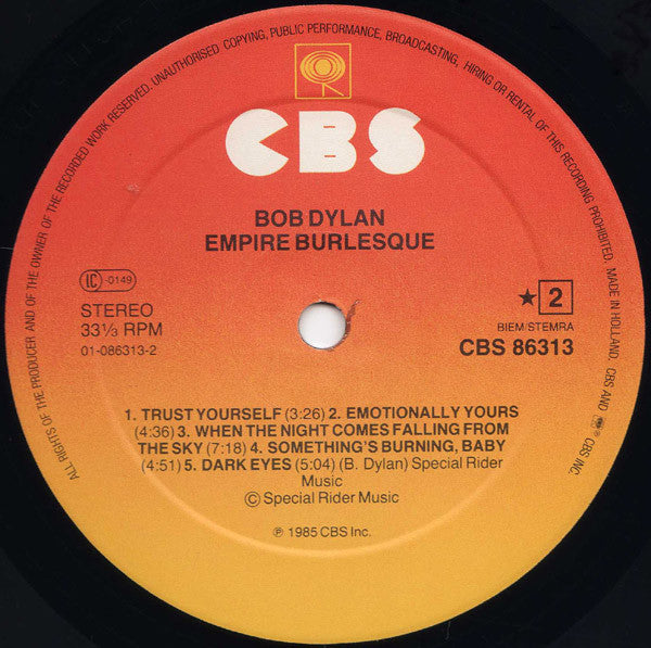Bob Dylan - Empire Burlesque (Vinyl, LP, Album, Stereo) Very Good Plus (VG+) / Very Good Plus (VG+)