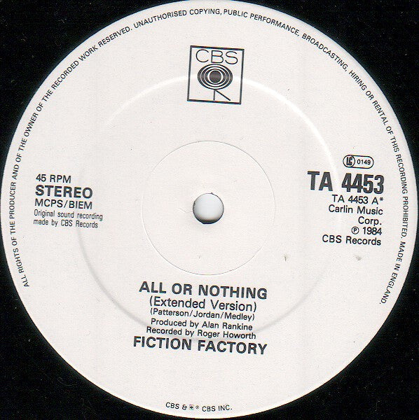 Fiction Factory - All Or Nothing (Extended Version) (Vinyl, 12", 45 RPM, Single) Very Good Plus (VG+) / Very Good Plus (VG+)