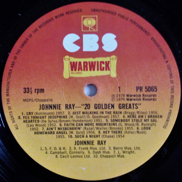 Johnnie Ray - 20 Golden Greats (Vinyl, LP, Compilation) Very Good (VG) / Good Plus (G+)