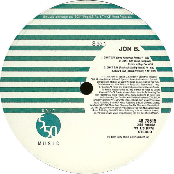 Jon B - Don't Say (The Remixes) (Vinyl, 12") Good Plus (G+) / Very Good Plus (VG+)