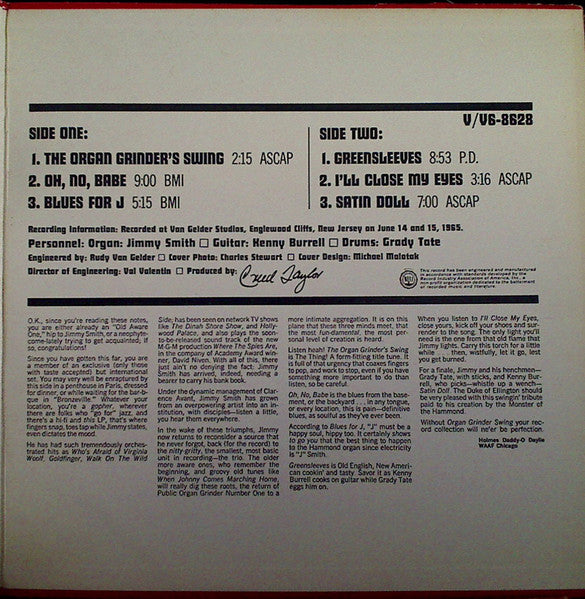 Jimmy Smith - Organ Grinder Swing (Vinyl, LP, Album, Stereo) Very Good (VG) / Very Good Plus (VG+)