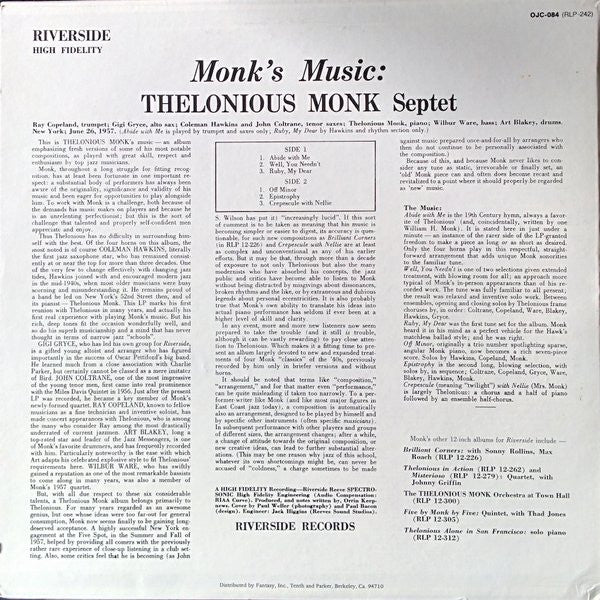 Thelonious Monk Septet - Monk's Music (Vinyl, LP, Album, Reissue, Mono) Very Good (VG) / Very Good Plus (VG+)
