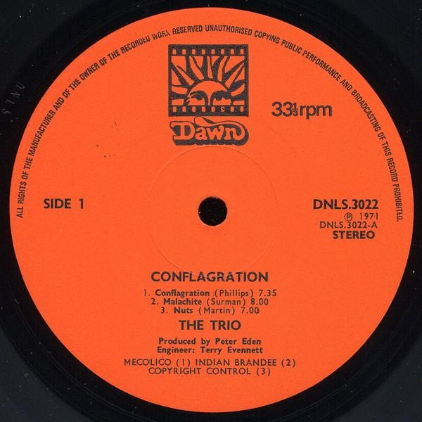The Trio - Conflagration (Vinyl, LP, Album, Stereo) Very Good Plus (VG+) / Very Good Plus (VG+)