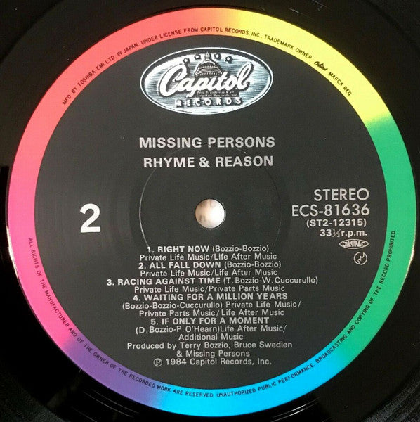 Missing Persons - Rhyme & Reason (Vinyl, LP, Album) Very Good Plus (VG+) / Very Good Plus (VG+)
