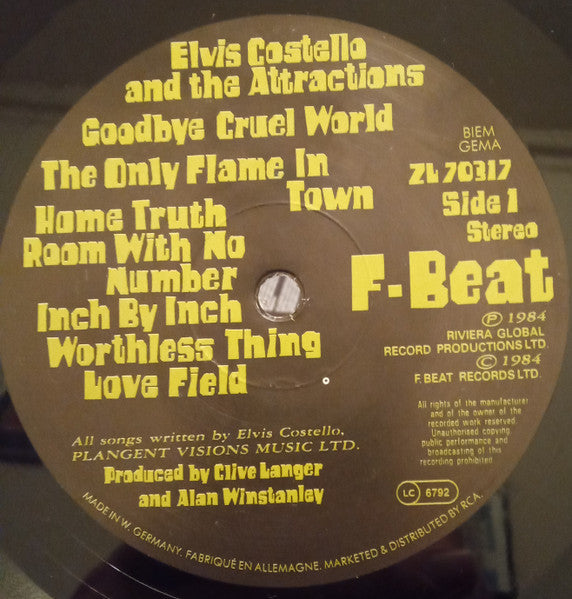 Elvis Costello & The Attractions - Goodbye Cruel World (Vinyl, LP, Album, Stereo) Very Good (VG) / Very Good Plus (VG+)