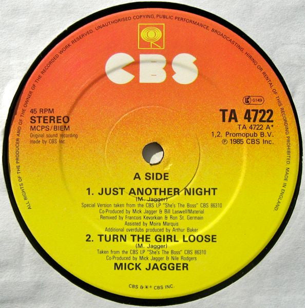 Mick Jagger - Just Another Night (Extended Remix Version) (Vinyl, 12", 45 RPM) Very Good (VG) / Very Good (VG)