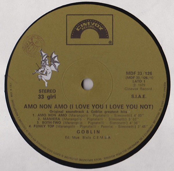 Goblin - Amo Non Amo (I Love You I Love You Not) (Vinyl, LP, Album, Compilation) Very Good Plus (VG+) / Very Good (VG)