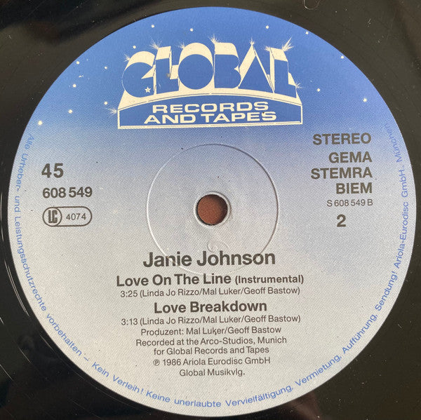 Janie Johnson - Love On The Line (Vinyl, 12", 45 RPM, Maxi-Single) Very Good (VG) / Very Good Plus (VG+)