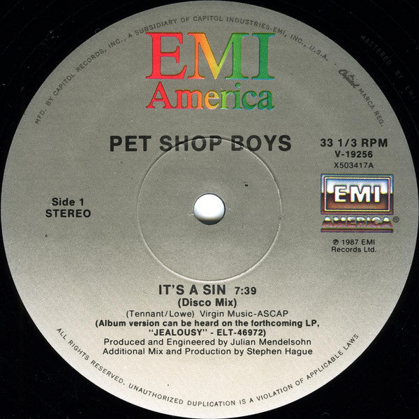 Pet Shop Boys - It's A Sin (Vinyl, 12", 33 ⅓ RPM) Very Good Plus (VG+) / Good Plus (G+)