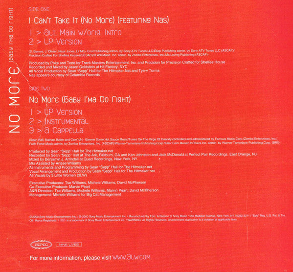 3LW - I Can't Take It (No More) / No More (Baby I'ma Do Right) (Vinyl, 12", 33 ⅓ RPM) Very Good (VG) / Very Good Plus (VG+)