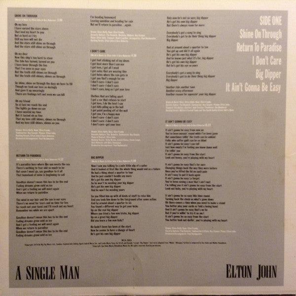 Elton John - A Single Man (Vinyl, LP, Album, Stereo) Very Good Plus (VG+) / Good Plus (G+)
