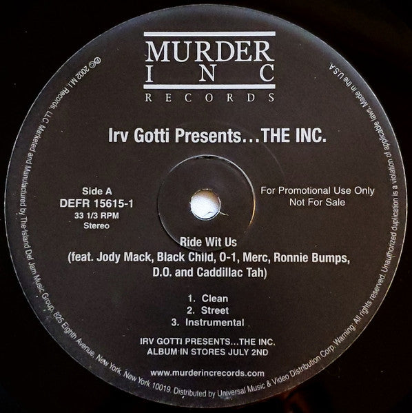 Irv Gotti - Ride Wit Us / 1 Hearse, 2 Suburbans (Vinyl, 12", 33 ⅓ RPM, Promo, Stereo) Very Good Plus (VG+) / Very Good Plus (VG+)