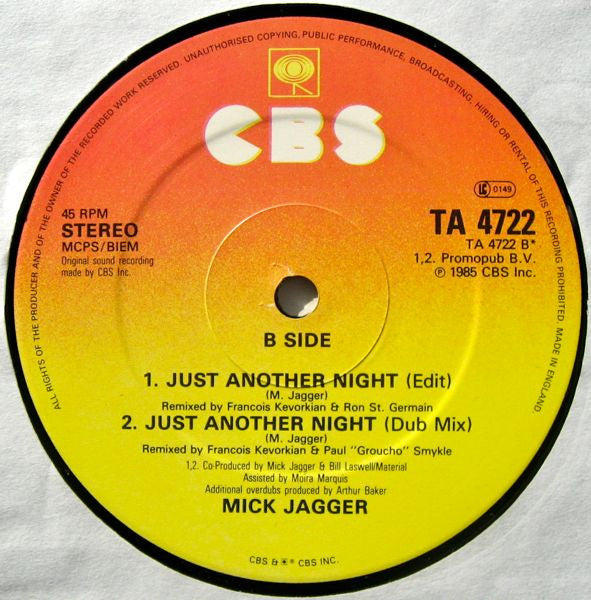 Mick Jagger - Just Another Night (Extended Remix Version) (Vinyl, 12", 45 RPM) Very Good (VG) / Very Good (VG)