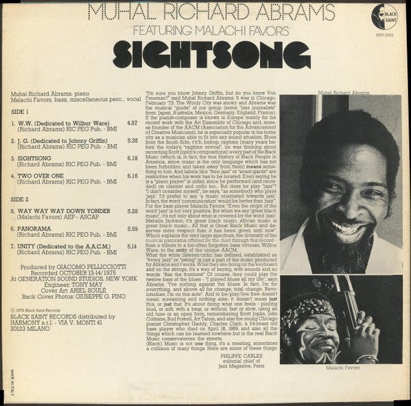 Muhal Richard Abrams - Sightsong (Vinyl, LP, Album) Near Mint (NM or M-) / Very Good (VG)