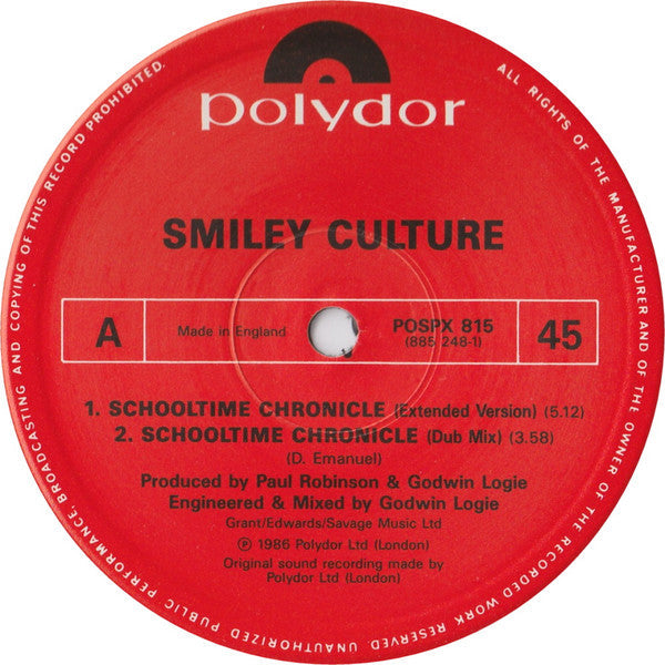 Smiley Culture - Schooltime Chronicle (Vinyl, 12", 45 RPM, Single) Very Good Plus (VG+) / Very Good Plus (VG+)