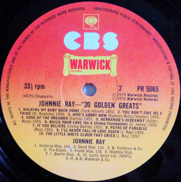 Johnnie Ray - 20 Golden Greats (Vinyl, LP, Compilation) Very Good (VG) / Good Plus (G+)