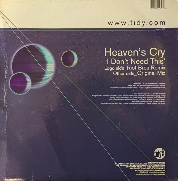 Heaven's Cry - I Don't Need This (Vinyl, 12", 45 RPM, Single) Good Plus (G+) / Fair (F)