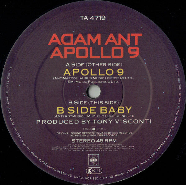Adam Ant - Apollo 9 (Orbit Mix) (Vinyl, 12", 45 RPM, Single, Stereo) Very Good (VG) / Very Good (VG)