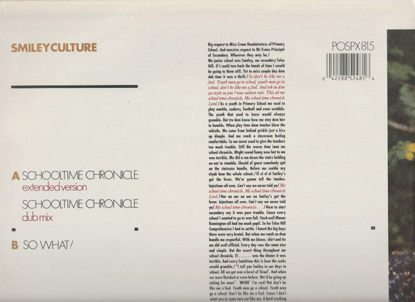 Smiley Culture - Schooltime Chronicle (Vinyl, 12", 45 RPM, Single) Very Good Plus (VG+) / Very Good Plus (VG+)
