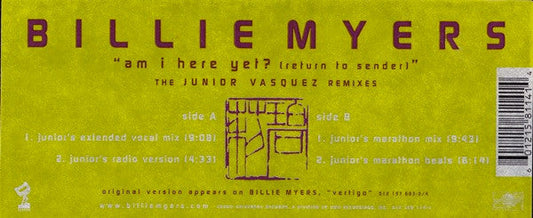 Billie Myers - Am I Here Yet? (Return To Sender) The Junior Vasquez Remixes (Vinyl, 12") Very Good Plus (VG+) / Very Good Plus (VG+)