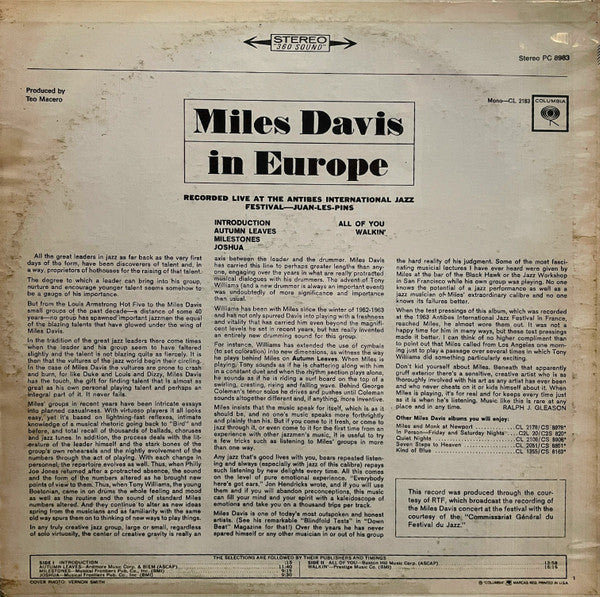 Miles Davis - Miles Davis In Europe (Vinyl, LP, Album, Stereo, Reissue) Very Good Plus (VG+) / Good Plus (G+)
