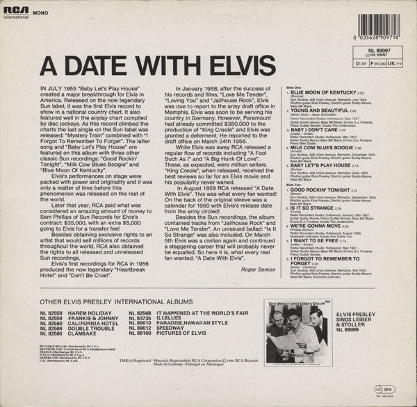 Elvis Presley - A Date With Elvis (Vinyl, LP, Compilation, Reissue, Mono) Very Good Plus (VG+) / Very Good (VG)