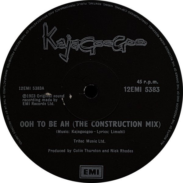 Kajagoogoo - Ooh To Be Ah (The Construction Mix) (Vinyl, 12", 45 RPM, Single) Very Good Plus (VG+) / Very Good (VG)