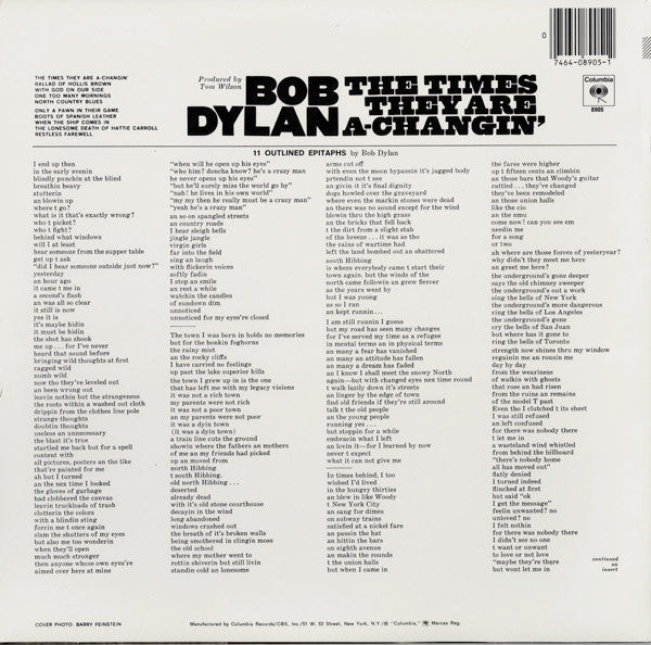 Bob Dylan - The Times They Are A-Changin' (Vinyl, LP, Album, Reissue, Stereo) Very Good (VG) / Very Good Plus (VG+)