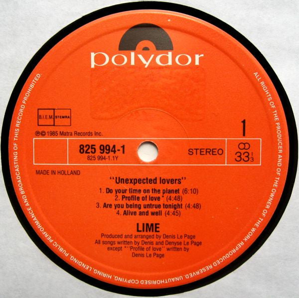 Lime (2) - Unexpected Lovers (Vinyl, LP, Album, Stereo) Very Good (VG) / Very Good (VG)