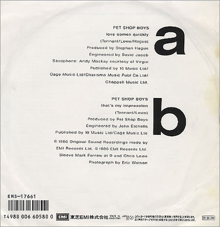 Pet Shop Boys - Love Comes Quickly (Vinyl, 7", 45 RPM, Single, Stereo) Very Good Plus (VG+) / Very Good (VG)