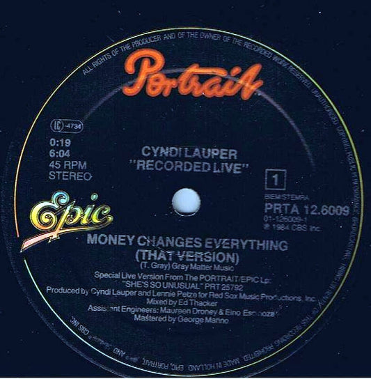 Cyndi Lauper - Money Changes Everything (Vinyl, 12", 45 RPM, Maxi-Single) Near Mint (NM or M-) / Very Good Plus (VG+)