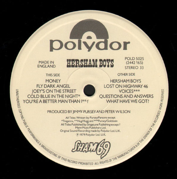 Sham 69 - The Adventures Of Hersham Boys (Vinyl, Vinyl, All Media, LP, Album, 12", 33 ⅓ RPM) Very Good Plus (VG+) / Very Good (VG)
