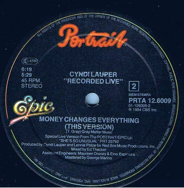 Cyndi Lauper - Money Changes Everything (Vinyl, 12", 45 RPM, Maxi-Single) Near Mint (NM or M-) / Very Good Plus (VG+)