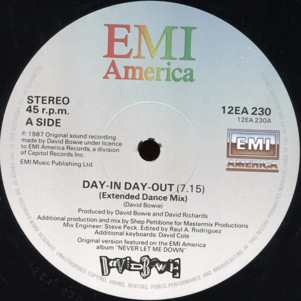 David Bowie - Day-In Day-Out (Extended Dance Mix) (Vinyl, 12", 45 RPM, Stereo) Good Plus (G+) / Very Good Plus (VG+)