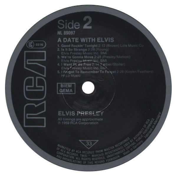 Elvis Presley - A Date With Elvis (Vinyl, LP, Compilation, Reissue, Mono) Very Good Plus (VG+) / Very Good (VG)