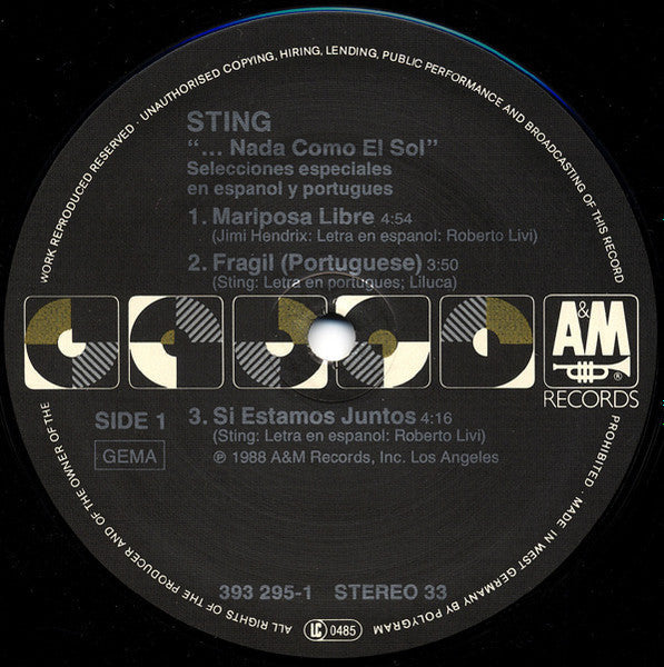 Sting - ...Nada Como El Sol (Selecciones Especiales En Espanol Y Portugues) (Vinyl, LP, Mini-Album, Stereo) Good Plus (G+) / Very Good (VG)
