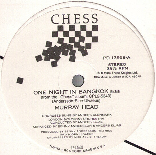 Murray Head - One Night In Bangkok (Vinyl, 12", 33 ⅓ RPM, Single, Stereo) Very Good (VG) / Good Plus (G+)