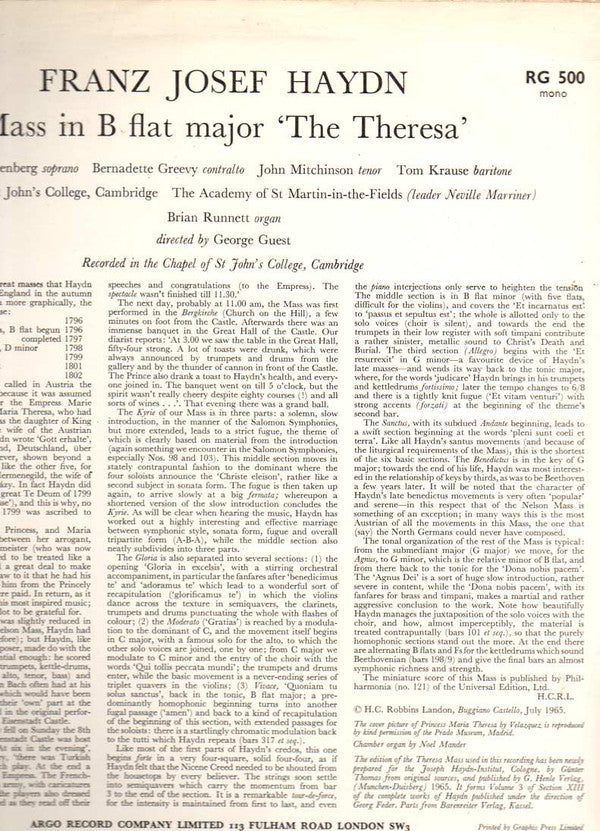Joseph Haydn - Theresa Mass (Vinyl, LP, Mono) Very Good (VG) / Very Good (VG)