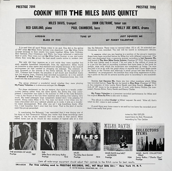 The Miles Davis Quintet - Cookin' With The Miles Davis Quintet (Vinyl, LP, Album, Reissue, Mono) Near Mint (NM or M-) / Very Good Plus (VG+)
