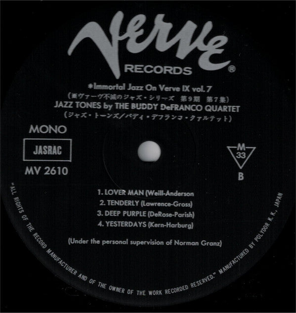 Buddy DeFranco Quartet - Jazz Tones (Vinyl, LP, Album, Reissue, Mono) Very Good Plus (VG+) / Good Plus (G+)
