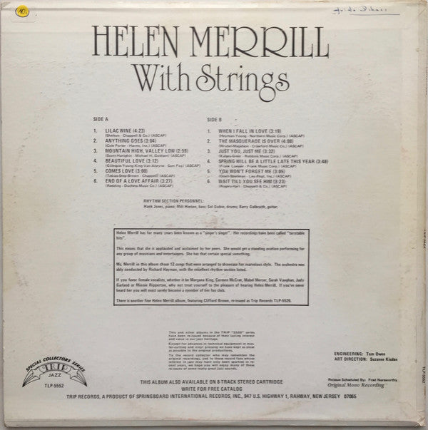 Helen Merrill - Helen Merrill With Strings (Vinyl, LP, Album, Reissue, Mono) Very Good (VG) / Near Mint (NM or M-)